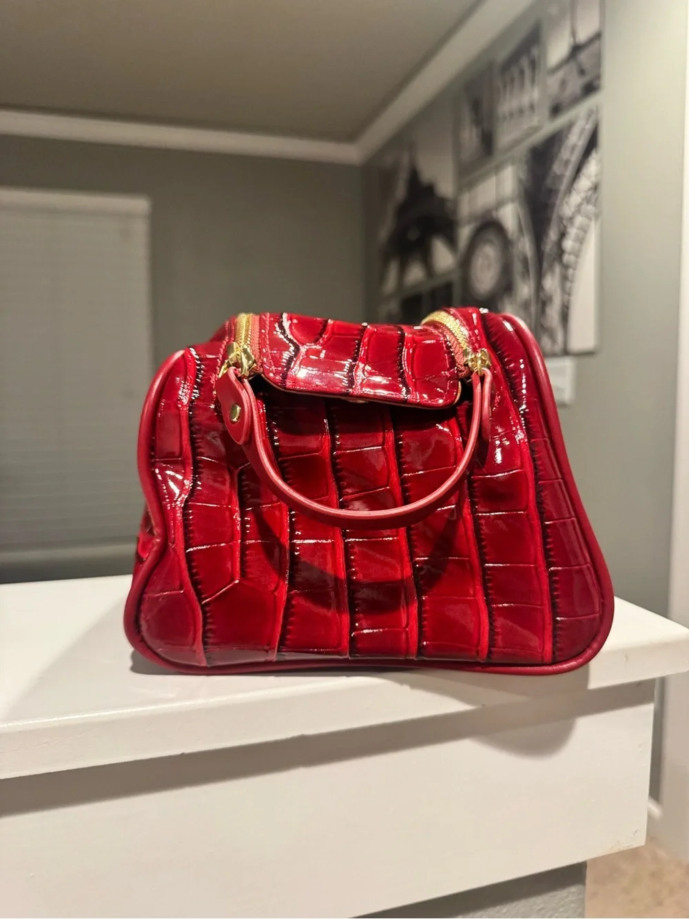 Red Privata  Patent Croc-Embossed Women’s Cosmetic Bag
